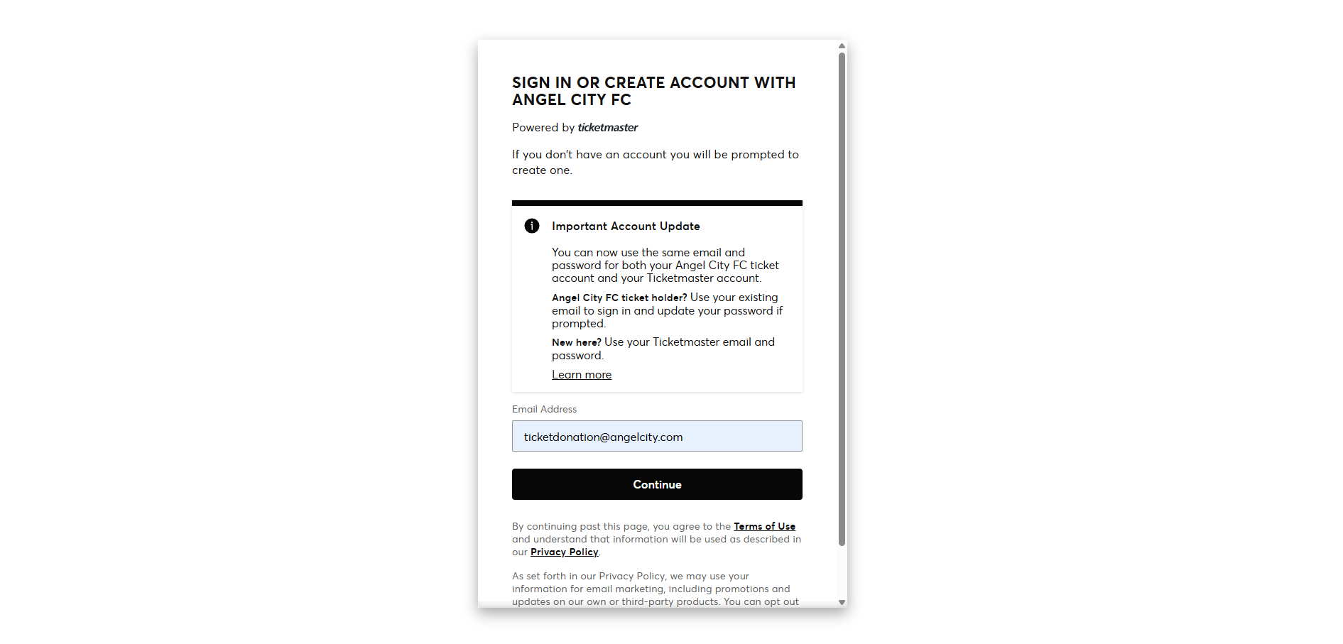 Sign in or create an account screen for Angel City FC Account Manager
