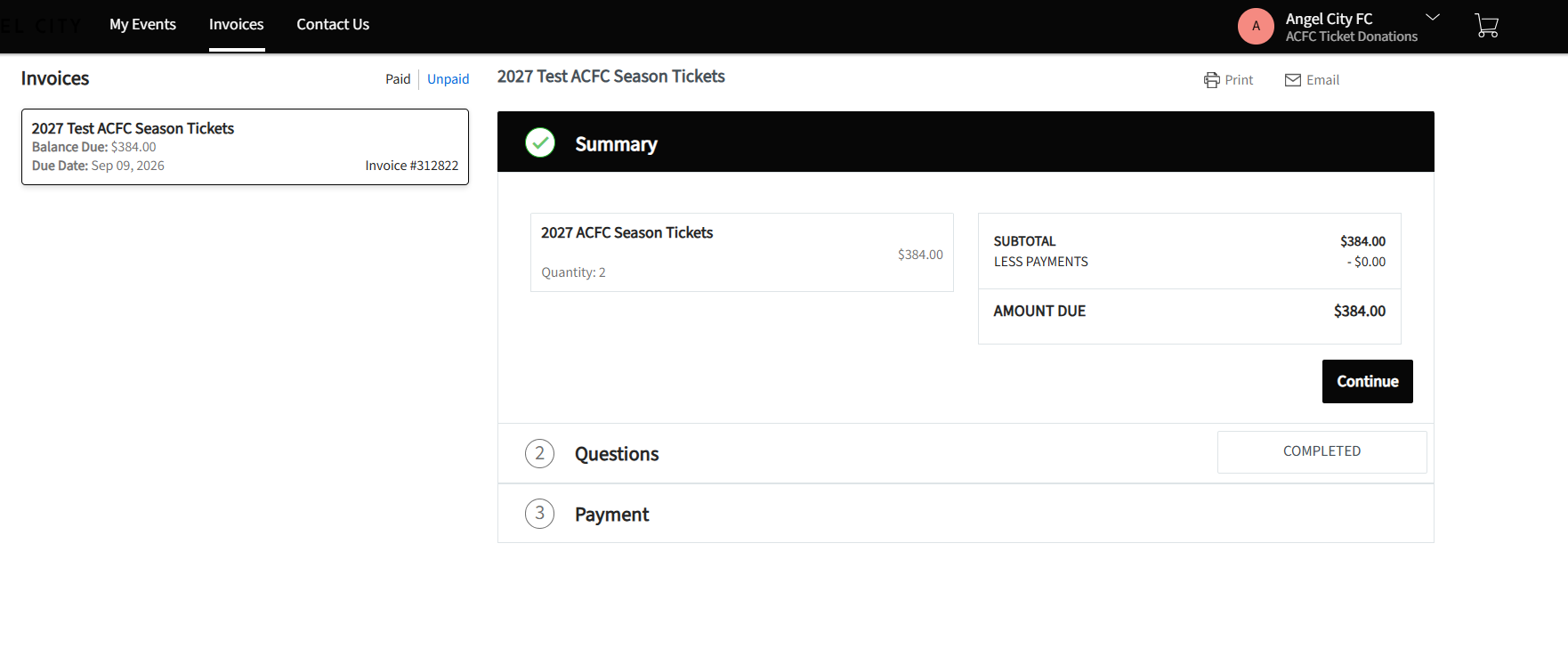 Invoice Summary tab showing the 2027 ACFC Season Tickets invoice with subtotal, amount due, and Continue button