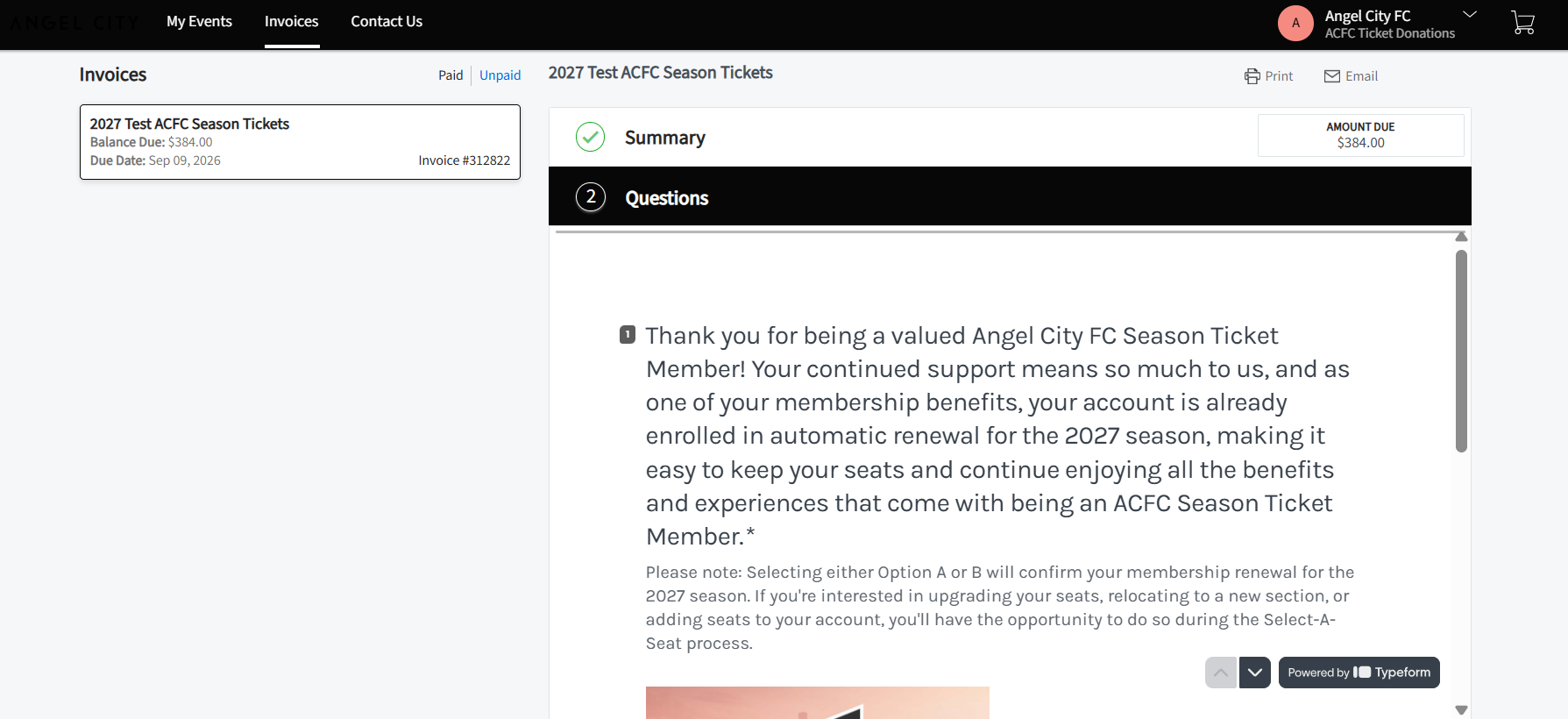 Questions tab thanking Season Ticket Members and confirming the account is already enrolled in automatic renewal for the 2027 season