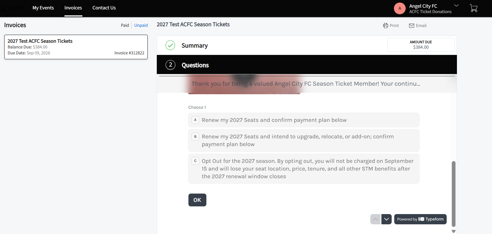 Questions tab showing options A, B, and C for renewing or opting out of the 2027 season