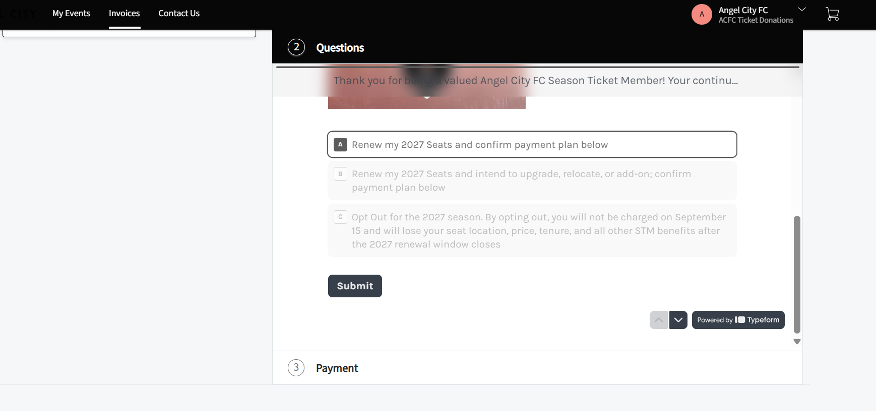 Option A selected on the Questions tab with the Submit button visible