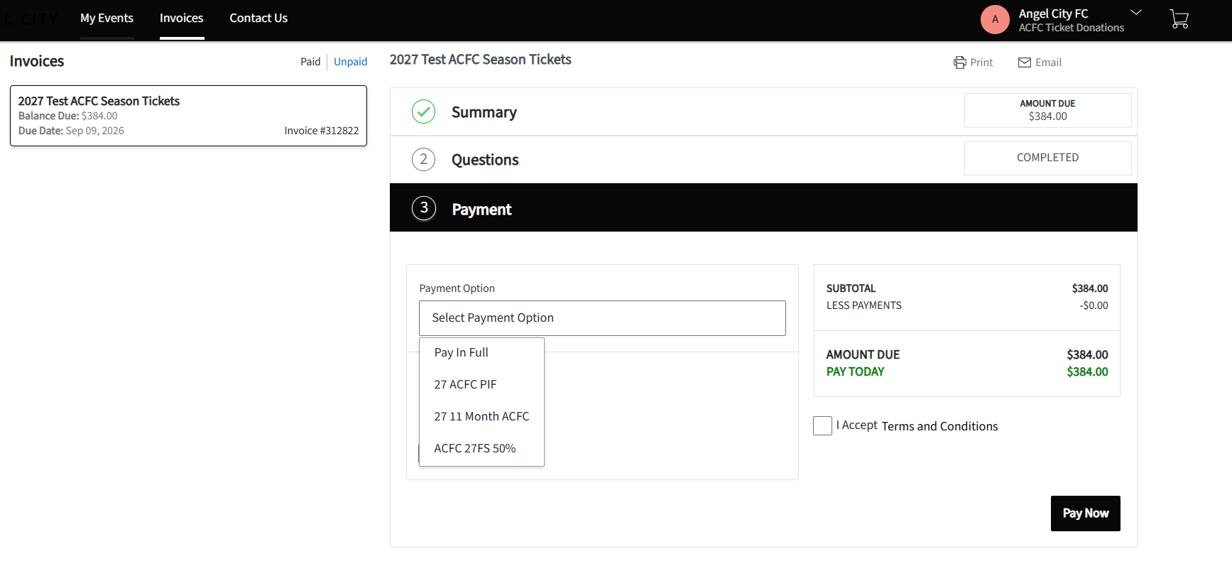 Payment Option dropdown showing Pay In Full, 27 ACFC PIF, 27 11 Month ACFC, and ACFC 27FS 50%