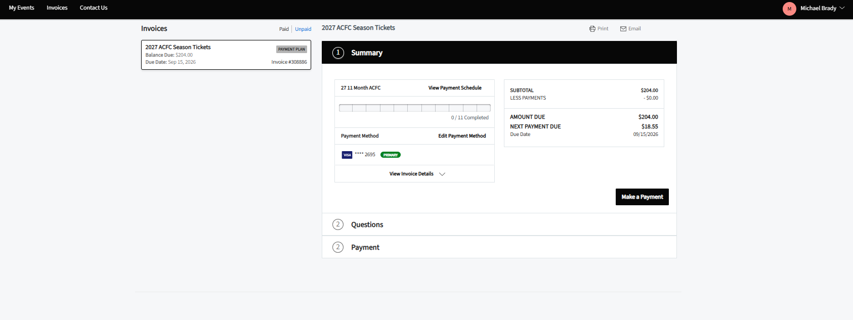 Updated invoice summary showing payment plan and next payment due date