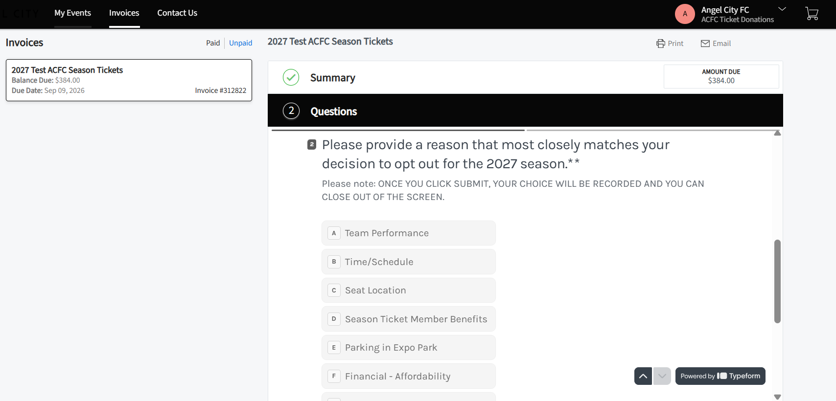List of opt-out reasons including Team Performance, Time/Schedule, Seat Location, and Season Ticket Member Benefits