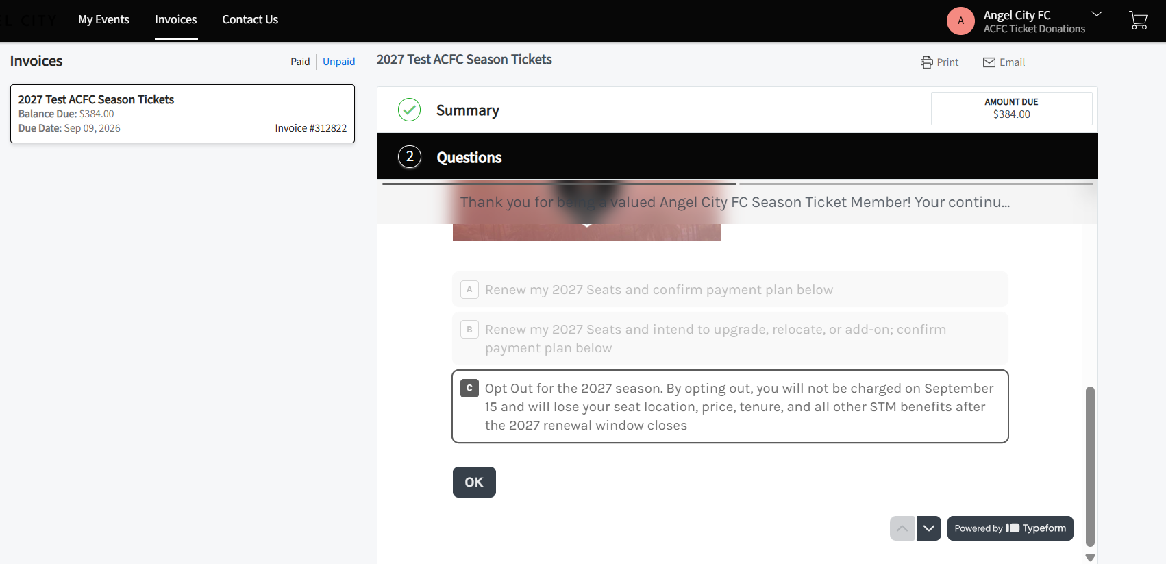 Option C, opt out for the 2027 season, selected on the Questions tab with the OK button below